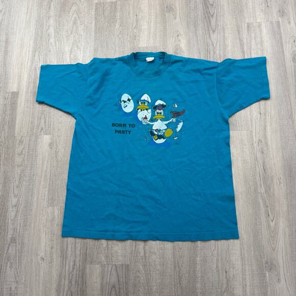 Vintage Born To Party Shirt Men's Extra Large XL Blue 80s Duck Animal 1988 Cute - Picture 1 of 8
